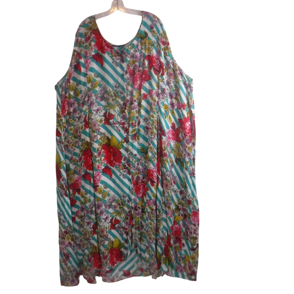 Denim 24/7 Womens 5X Floral Stripe Button Front Maxi Dress Teal Red Viscose
